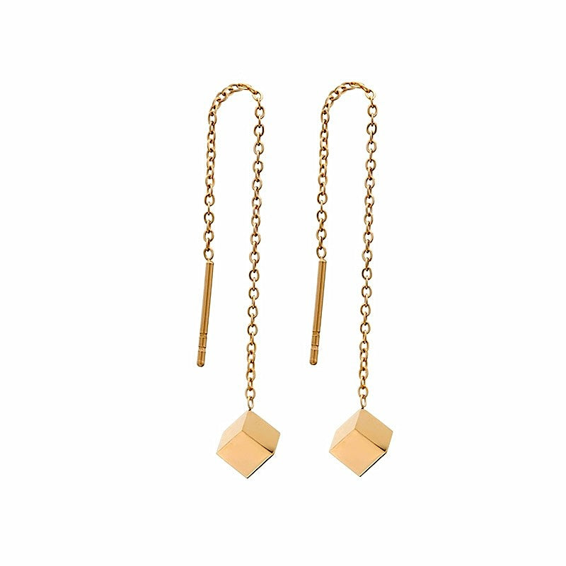 Rose Gold Cube Drop Threader Earrings