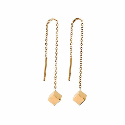 Rose Gold Cube Drop Threader Earrings