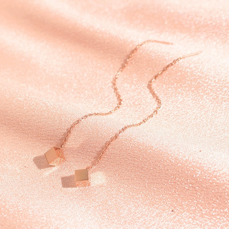 Rose Gold Cube Drop Threader Earrings