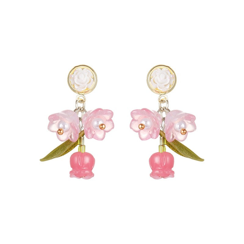 Pink Rose Flower Dangle Earrings