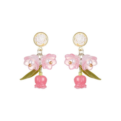 Pink Rose Flower Dangle Earrings