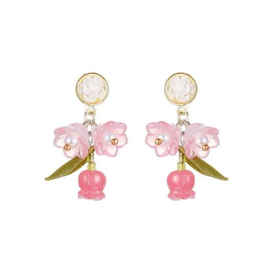 Pink Rose Flower Dangle Earrings