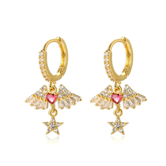 Gold Angel Dangle Hoop Huggie Earrings