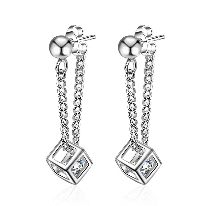 Silver Cube Drop Chain Earrings