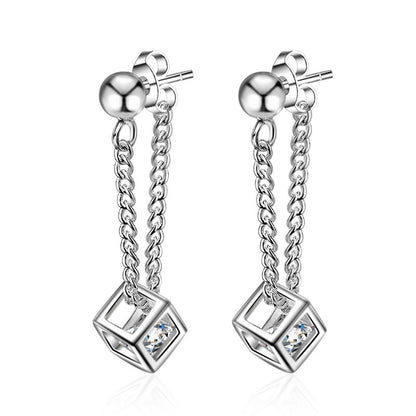 Silver Cube Drop Chain Earrings