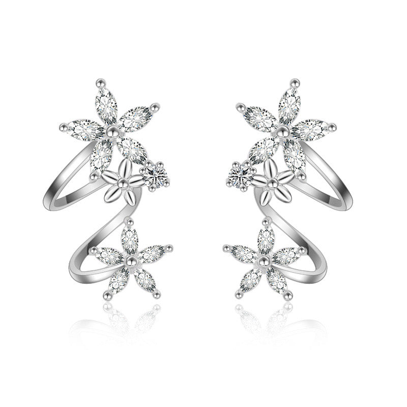 Silver Flower Ear Cuffs Studs