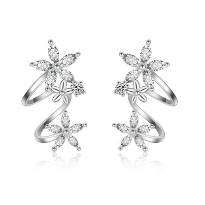 Silver Flower Ear Cuffs Studs