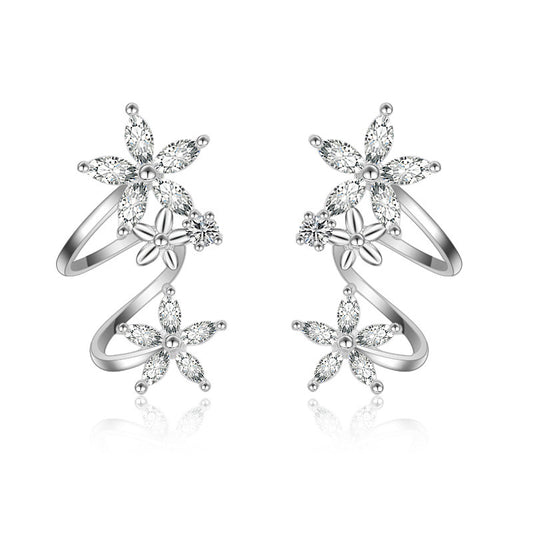 Silver Flower Ear Cuffs Studs