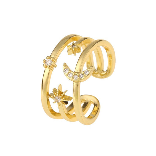 Moon and Star Triple Layers Ring