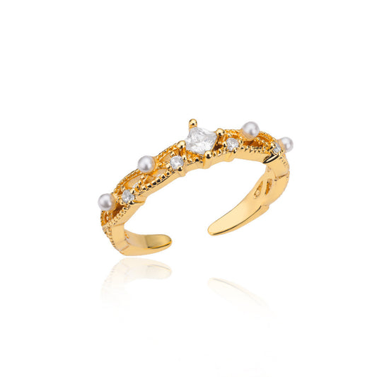 Gold CZ Pearl Lace Band Ring