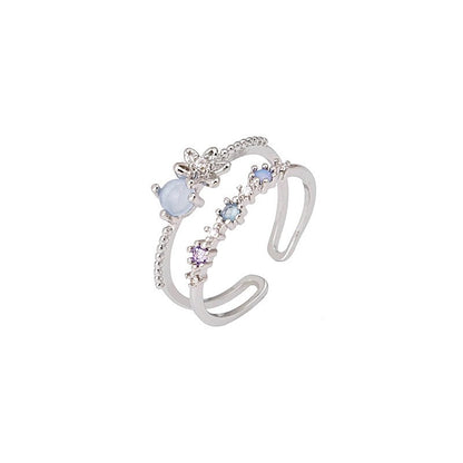 Silver Double Band Flower Ring