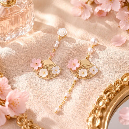 Cherry blossom fan pearl drop earrings flat lay