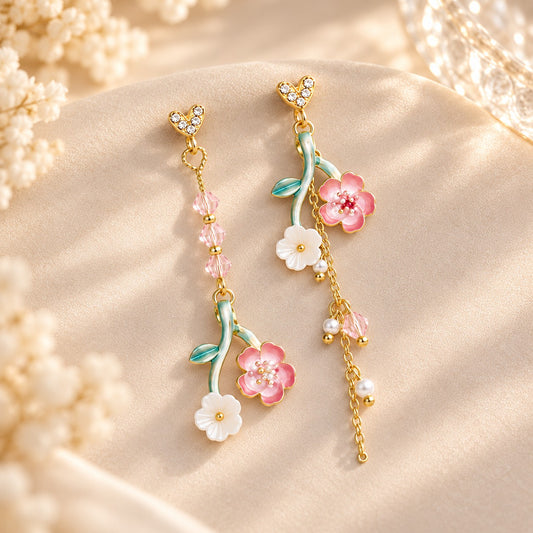 Pink cherry blossom mismatched earrings with crystal heart studs, pink beads and pearl chain