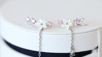 White Flower Dangle Ear Climber Earrings