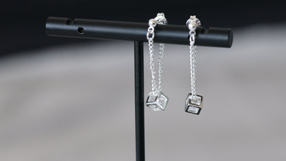 Silver Cube Drop Chain Earrings