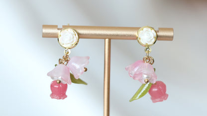 Pink Rose Flower Dangle Earrings