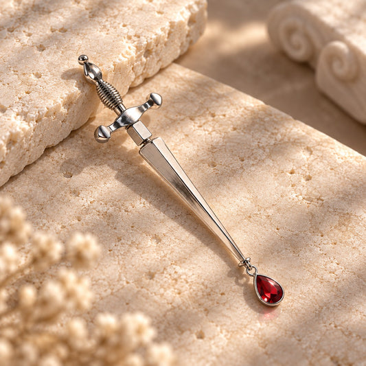 Silver dagger earring with red crystal teardrop lying on stone