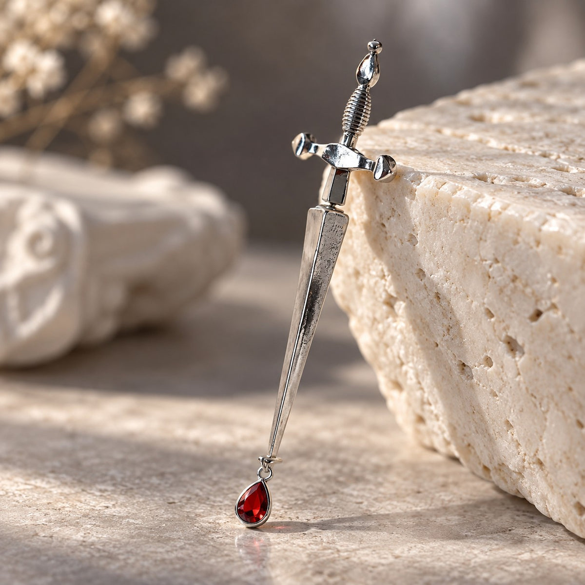 Silver sword earring with red teardrop leaning on stone block