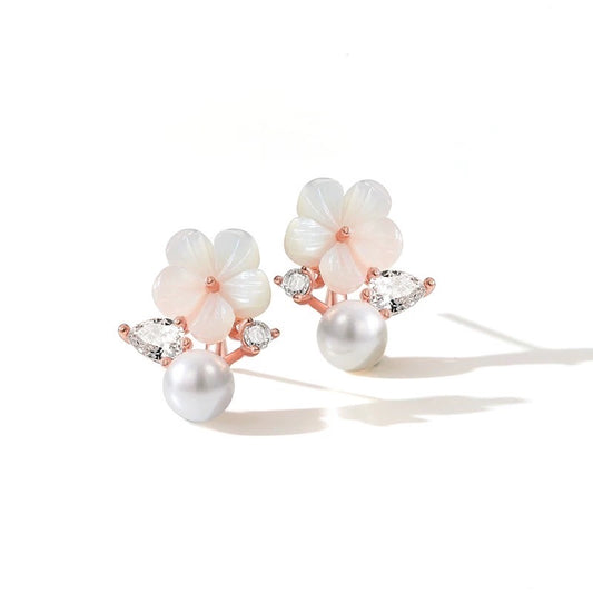 White Flower Pearl Studs