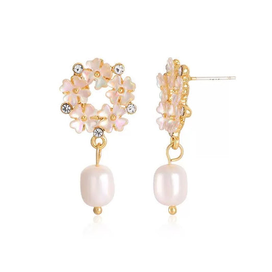 Flower with Pearl Dangle Earrings