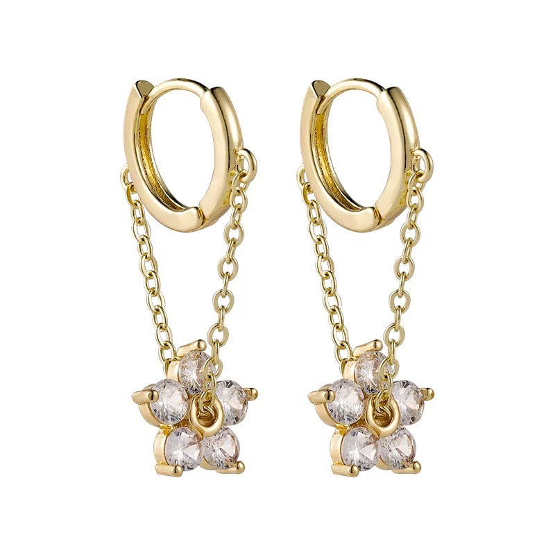 Gold Flower Hoop Dangle Chain Earrings