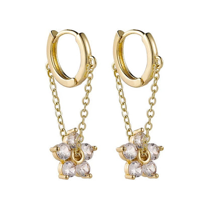 Gold Flower Hoop Dangle Chain Earrings