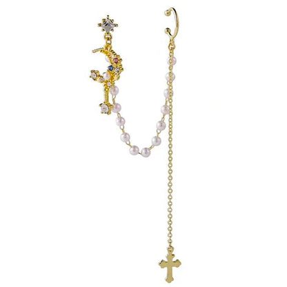 Gold Moon Ear Cuff Cross Dangle Earrings