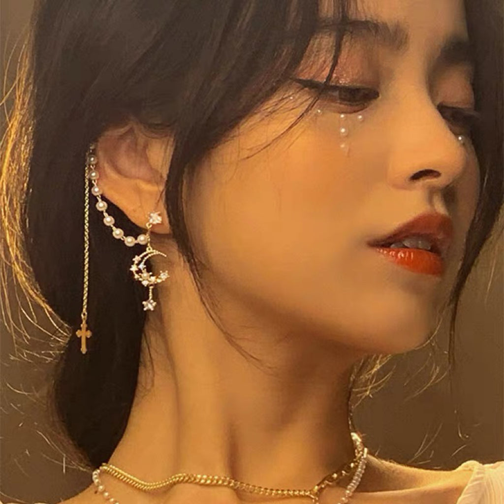 Gold Moon Ear Cuff Cross Dangle Earrings