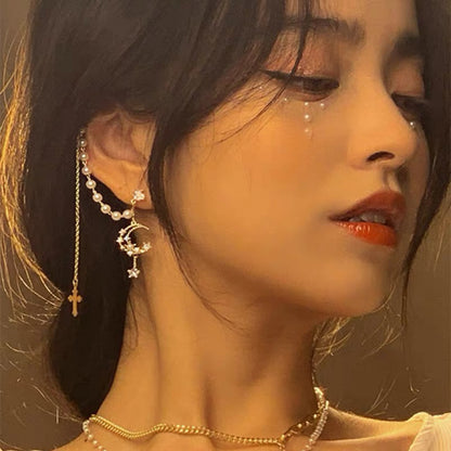 Gold Moon Ear Cuff Cross Dangle Earrings