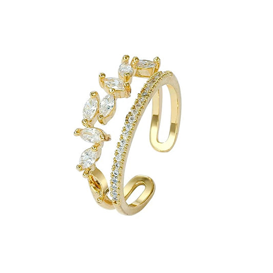 Gold CZ Leaf Double Layers Ring