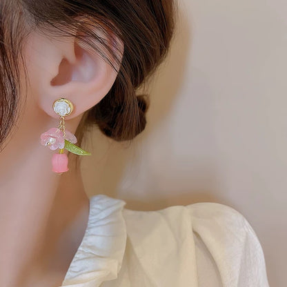 Pink Rose Flower Dangle Earrings