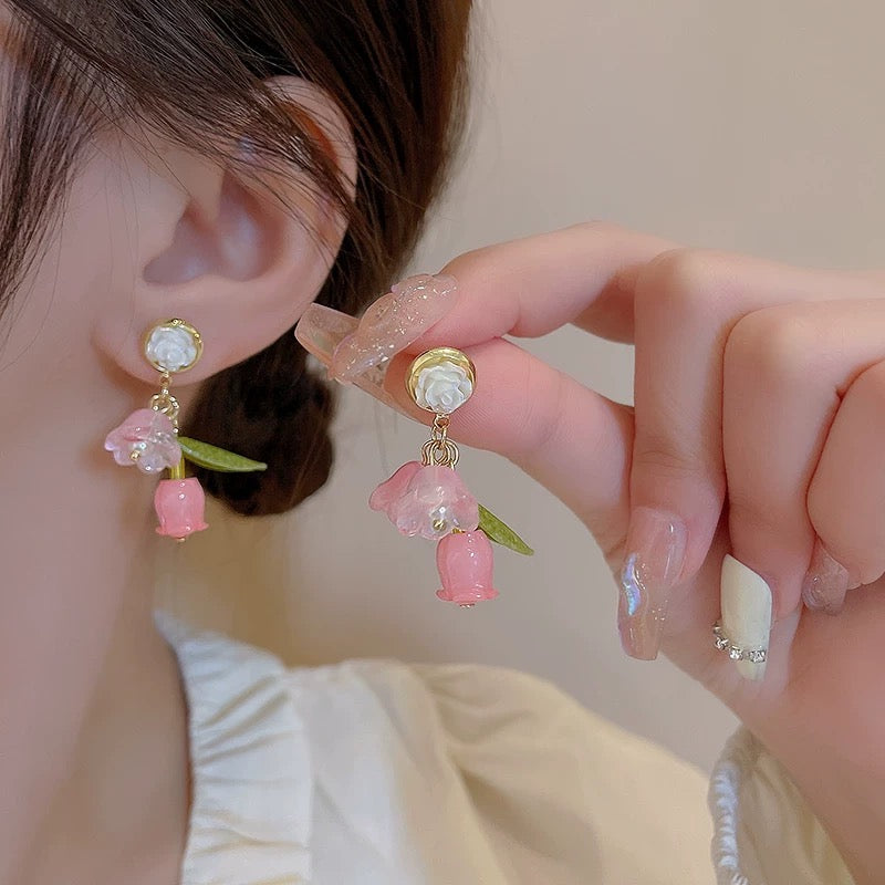 Pink Rose Flower Dangle Earrings
