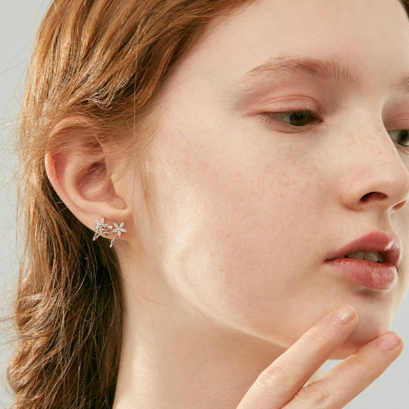 Silver Flower Ear Cuffs Studs