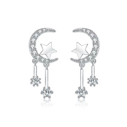 Silver Moon and Star Dangle Earrings