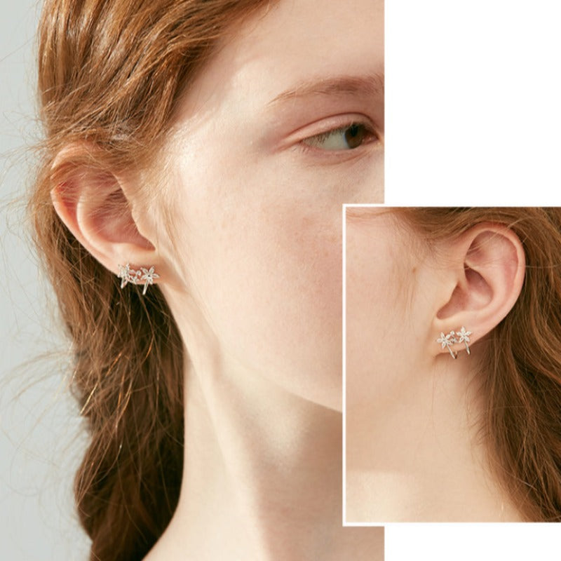 Silver Flower Ear Cuffs Studs