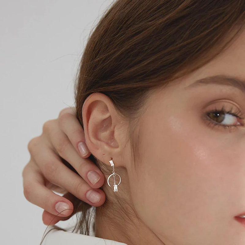 Silver C Curve CZ Drop Earrings