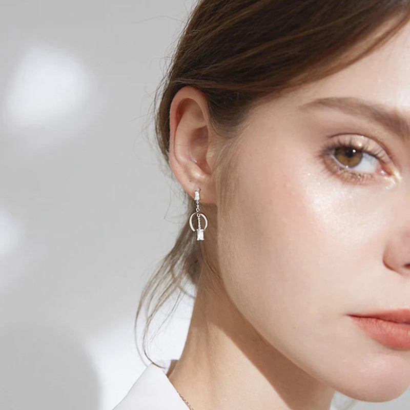 Silver C Curve CZ Drop Earrings