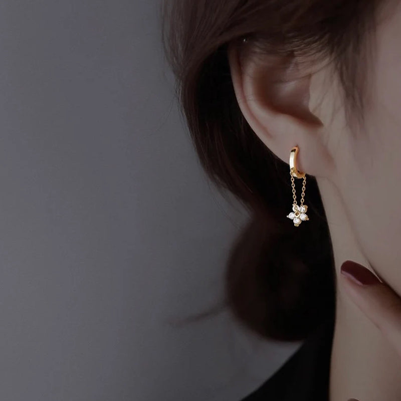 Gold Flower Hoop Dangle Chain Earrings