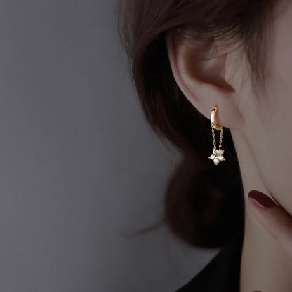 Gold Flower Hoop Dangle Chain Earrings