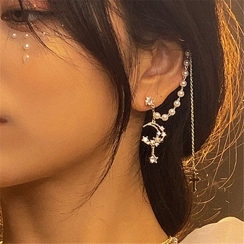 Gold Moon Ear Cuff Cross Dangle Earrings