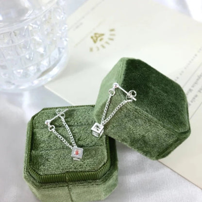 Silver Cube Drop Chain Earrings
